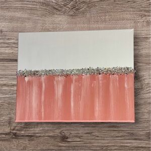 11x14 Canvas in Coral and White Varnished Glitter Glass Painting Original Signed
